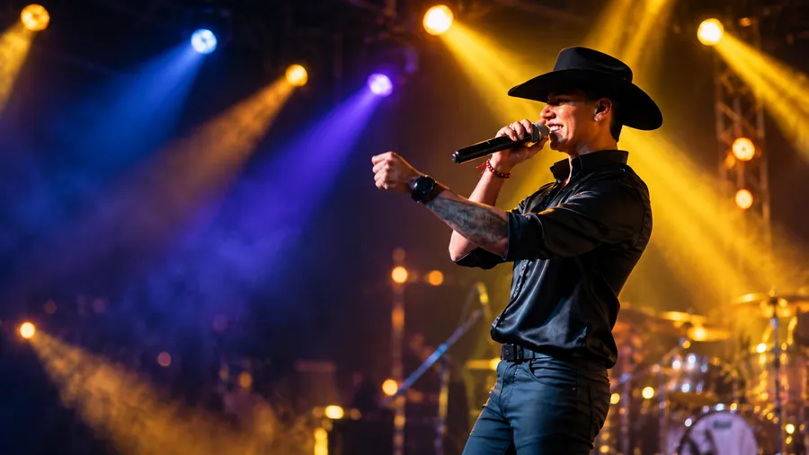 Ryan Sanabria cantando bajo luces doradas